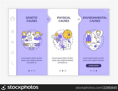 Conduct disorder causes purple and white onboarding template. Responsive mobile website with linear concept icons. Web page walkthrough 3 step screens. Lato-Bold, Regular fonts used. Conduct disorder causes purple and white onboarding template