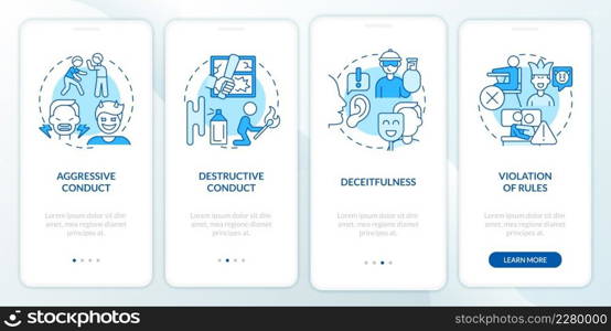 Conduct disorder groups of behavior blue onboarding mobile app screen. Walkthrough 4 steps graphic instructions pages with linear concepts. UI, UX, GUI template. Myriad Pro-Bold, Regular fonts used. Conduct disorder groups of behavior blue onboarding mobile app screen