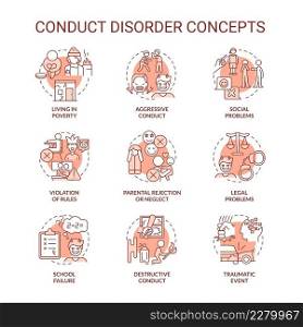 Conduct disorder red concept icons set. Mental health issue. Diagnose and treatment idea thin line color illustrations. Isolated symbols. Editable stroke. Roboto-Medium, Myriad Pro-Bold fonts used. Conduct disorder red concept icons set