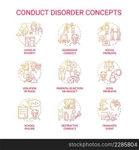 Conduct disorder red gradient concept icons set. Mental health issue. Diagnose and treatment idea thin line color illustrations. Isolated symbols. Roboto-Medium, Myriad Pro-Bold fonts used. Conduct disorder red gradient concept icons set