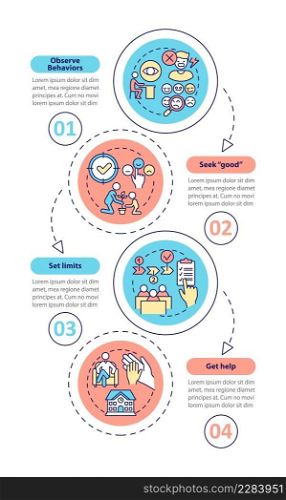 Conduct disorder tips for teacher vertical infographic template. Data visualization with 4 steps. Process timeline info chart. Workflow layout with line icons. Myriad Pro-Bold, Regular fonts used. Conduct disorder tips for teacher vertical infographic template