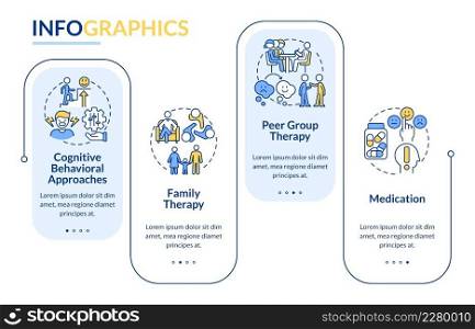 Conduct disorder treatment rectangle infographic template. Data visualization with 4 steps. Process timeline info chart. Workflow layout with line icons. Lato-Bold, Regular fonts used. Conduct disorder treatment rectangle infographic template