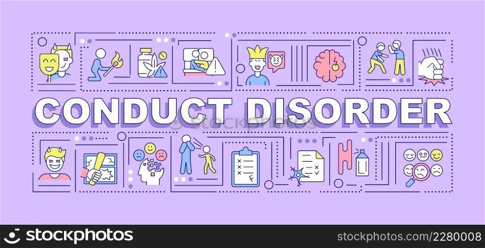 Conduct disorder word concepts purple banner. Mental health issue. Infographics with icons on color background. Isolated typography. Vector illustration with text. Arial-Black font used. Conduct disorder word concepts purple banner