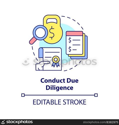 Conduct due diligence concept icon. Documents and files research. Stage of merger abstract idea thin line illustration. Isolated outline drawing. Editable stroke. Arial, Myriad Pro-Bold fonts used. Conduct due diligence concept icon