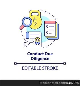 Conduct due diligence concept icon. Documents and files research. Stage of merger abstract idea thin line illustration. Isolated outline drawing. Editable stroke. Arial, Myriad Pro-Bold fonts used. Conduct due diligence concept icon