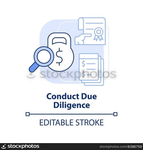 Conduct due diligence light blue concept icon. Documents research. Stage of merger abstract idea thin line illustration. Isolated outline drawing. Editable stroke. Arial, Myriad Pro-Bold fonts used. Conduct due diligence light blue concept icon