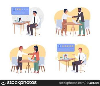 Conducting job interview 2D vector isolated illustration set. Headhunters and applicants flat characters on cartoon background. Colorful editable scenes pack for mobile, website, presentation. Conducting job interview 2D vector isolated illustration set