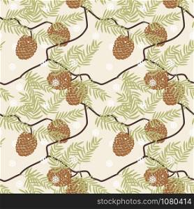 Cone and Christmas snow seamless pattern. Pine tree background.