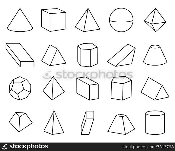 Cone and pyramid shapes set, poster and collection of geometric shapes, hexagonal prism and complex elements, vector illustration isolated on white. Cone and Pyramid Shapes Set Vector Illustration