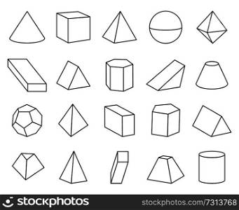 Cone and pyramid shapes set, poster and collection of geometric shapes, hexagonal prism and complex elements, vector illustration isolated on white. Cone and Pyramid Shapes Set Vector Illustration