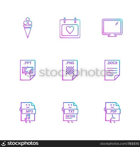 cone , calender , monitor , ppt , png , docx , mp3 , mp4 , txt , pdf , icon, vector, design, flat, collection, style, creative, icons