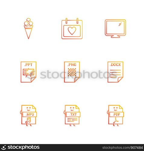 cone , calender , monitor , ppt , png , docx , mp3 , mp4 , txt , pdf , icon, vector, design, flat, collection, style, creative, icons