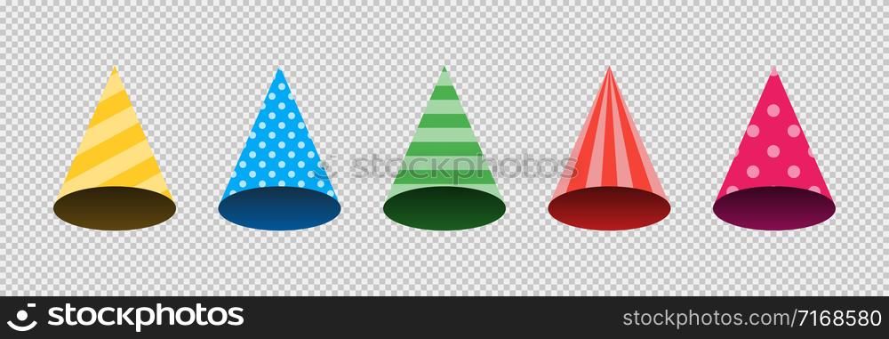 Cone hat vector isolated illustration. Birthday set of hats. 3d cone hat for celebration design. Vector collection. EPS 10
