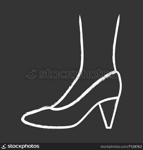 Cone heel shoes chalk icon. Woman stylish formal footwear design. Female casual stacked high heels, luxury modern pumps. Office fashion, clothing accessory. Isolated vector chalkboard illustration