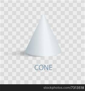 Cone of white color, poster with geometric shape and lettering, banner and cone form with shadow, vector illustration isolated on transparent background. Cone of White Color Poster Vector Illustration