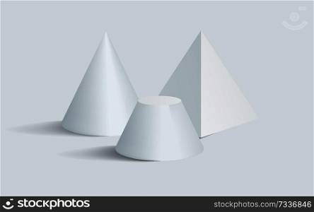 Cone pentagonal prism and blunted cone 3D geometric white shapes isolated. Three dimensional blunted cone with pentagonal prism vector illustrations. Blunted Cone Pentagonal Prism 3D Geometric Shapes