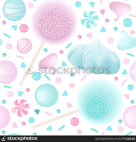 Confection candy seamless pattern set. marshmellows, lollipop, icing, different toppings, cakes, chews, sweetmeats, hearts, bon-bon, goody goodies blue rose and pink vector illustration. Confection candy seamless pattern set. White and pink marshmellows, lollipop, icing,