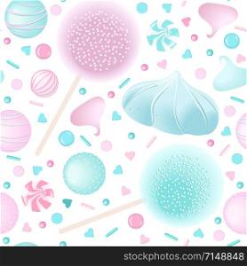 Confection candy seamless pattern set. marshmellows, lollipop, icing, different toppings, cakes, chews, sweetmeats, hearts, bon-bon, goody goodies blue rose and pink vector illustration. Confection candy seamless pattern set. White and pink marshmellows, lollipop, icing,