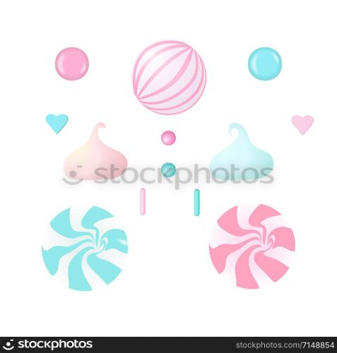 Confection candy set. White and pink marshmellows, lollipop, icing, different toppings for pastry and cakes, chews, sweetmeats, hearts, bon-bon,goody, goodies, bluerose and pink. Confection candy set. White and pink marshmellows, lollipop, icing, different toppings for pastry and cakes,