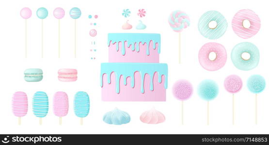 Confection candy sweet set. blue and pink marshmellows, lollipop, donuts, icing, different toppings for pastry and cakes, chews, sweetmeats, hearts, bon-bon, goodies, blue, rose vector illustration. Confection candy sweet set. blue and pink marshmellows, lollipop, donuts, icing, different toppings