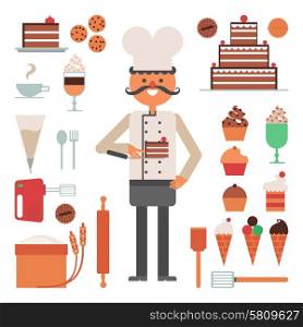 Confectioner Man Pies And Tools Concept. Confectioner man with cakes and pies ice cream and tools or accessories flat color concept vector illustration
