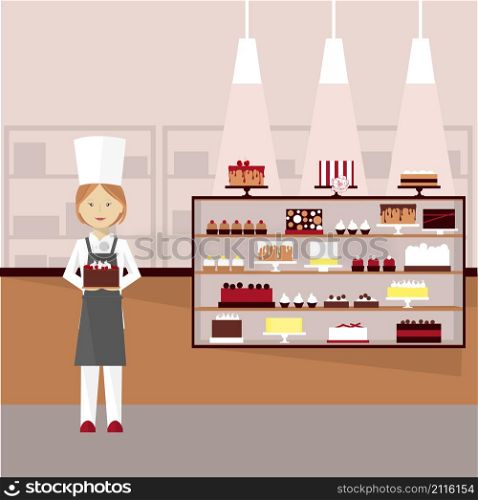 Confectioner with cakes. Vector illustration.