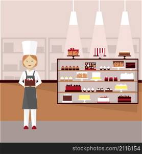 Confectioner with cakes. Vector illustration.
