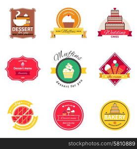 Confectionery And Bakery Flat Emblems Set. Confectionery cafe and bakery emblems with text and signs flat labels set isolated vector illustration