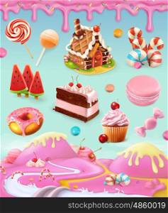 Confectionery and desserts, cake, cupcake, candy, lollipop, whipped cream, icing, set of vector graphics objects with sweet pink background, mesh illustration