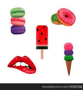 Confectionery and desserts, ice cream, cupcake, macaroons, donut and lips, set of vector graphics objects, mesh illustration, isolated objects. Vector illustration