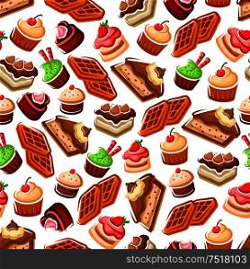 Confectionery and pastry, bakery seamless pattern. Cakes with cream and belgian waffles, cookies and biscuits with strawberry and cherry, Cafe and bakery themes.. Confectionery and pastry, bakery seamless pattern