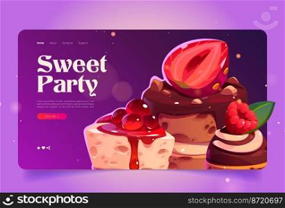 Confectionery business landing page template. Cartoon vector illustration of delicious cake, desserts decorated with sweet chocolate, fresh berries. Promo website for bakery or catering service. Confectionery business landing page template