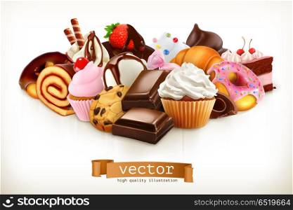 Confectionery. Chocolate, cakes, cupcakes, donuts. 3d vector illustration