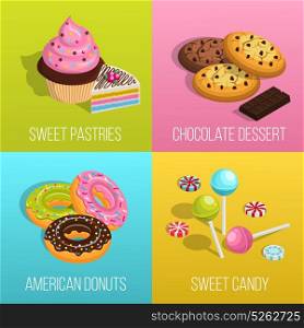 Confectionery Concept Icons Set. Confectionery cartoon concept icons set with donuts and cookies isolated vector illustration