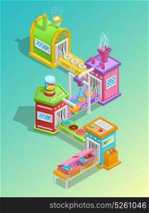 Confectionery Factory Concept. Confectionery factory cartoon concept with donuts and sweets production symbols vector illustration