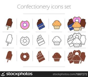 Confectionery icons set. Ice cream thin line drawing symbol. Bitten sweet donut color illustration. Cupcake and chocolate bar silhouette contour pictograms. Food infographics isolated vector elements. Confectionery icons set