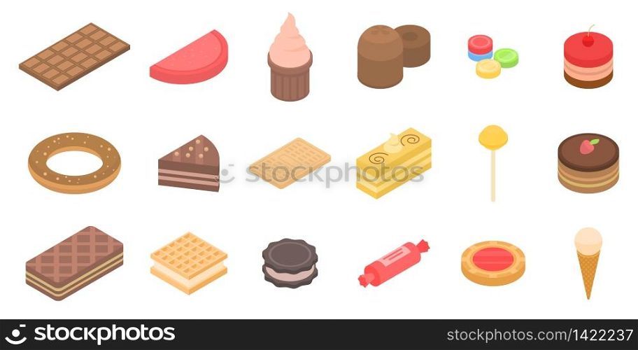 Confectionery icons set. Isometric set of confectionery vector icons for web design isolated on white background. Confectionery icons set, isometric style