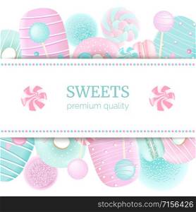 Confectionery label set with text on stripe. blue and pink. Marshmallow, macaroon, donuts, ice cream, lollipop, copy space, text. Concept for logo, tag, advertising, prints, label poster menu cafe flyer. Confectionery label set with text on stripe. blue and pink. Marshmallow,