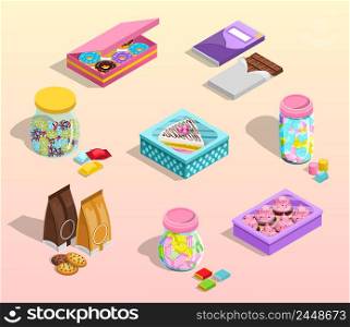 Confectionery packaging cartoon set with chocolate and cookies isolated vector illustration. Confectionery Packaging Set