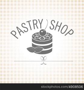 Confectionery. Pastry shop. Vector monochrome logo. Cake with icing, decorated with a mint leaf.