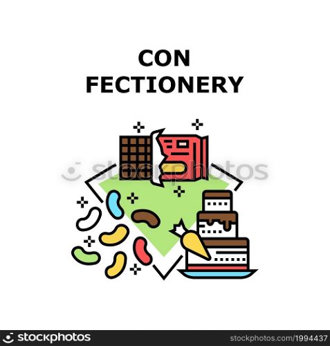 Confectionery Vector Icon Concept. Chocolate, Jelly Candies And Sweet Cake Confectionery Delicious Dessert. Confection Sugary And Cocoa Gourmet Food Unhealthy Nourishment Color Illustration. Confectionery Vector Concept Color Illustration
