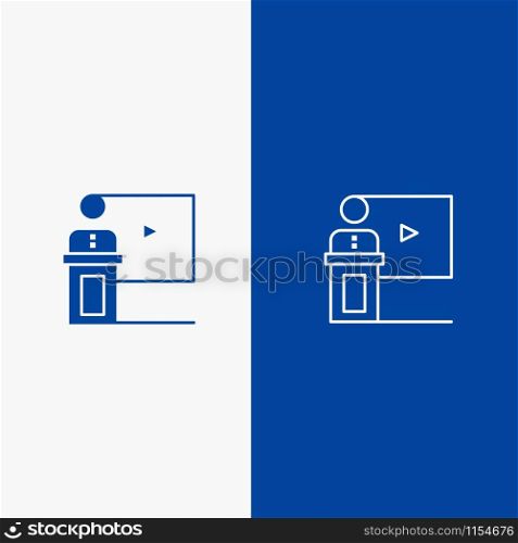 Conference, Business, Event, Presentation, Room, Speaker, Speech Line and Glyph Solid icon Blue banner Line and Glyph Solid icon Blue banner