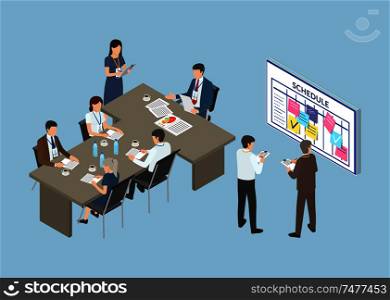 Conference, business seminar of partners team vector. Table with working hours, schedule timetable with sticky memo notes and stickers with task info. Conference, Business Seminar of Partners Team