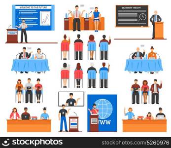 Conference Elements Set. Set of speakers and audience during presentation or conference screens and microphones interior elements isolated vector illustration