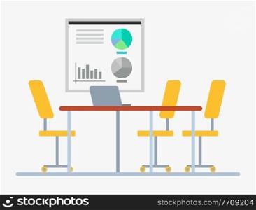 Conference hall vector, empty working place with whiteboard and diagrams visual representation and charts. Laptop computer on table and yellow chairs. Workplace Empty Place with Table and Chairs Hall