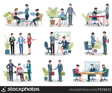 Conference holding and contract signing, office business meetings vector. Documents folders and laptop, workplace and graphic, boss and employees in flat style. Office Business Meetings, Conference and Contract