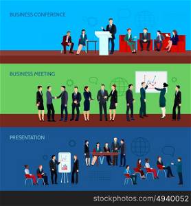 Conference Horizontal Banners . Conference horizontal banners with business people presented on different types of meetings vector illustration