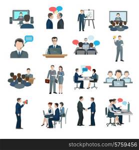Conference icons flat set with business people workgroup communication isolated vector illustration. Conference Icons Flat