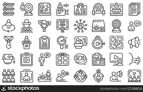 Conference icons set outline vector. Virtual zoom. Online work. Conference icons set outline vector. Virtual zoom