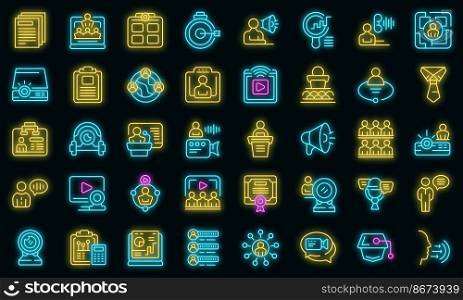 Conference icons set outline vector. Virtual zoom. Online work vector neon. Conference icons set outline vector. Virtual zoom vector neon